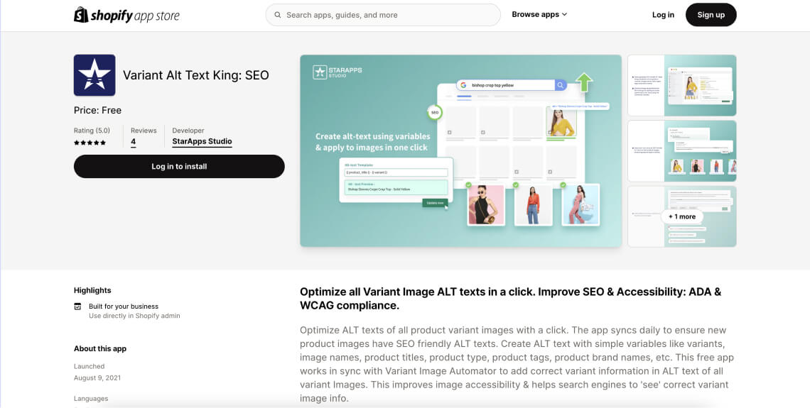 Screenshot of the Alt Text King: SEO app on Shopify's app store.